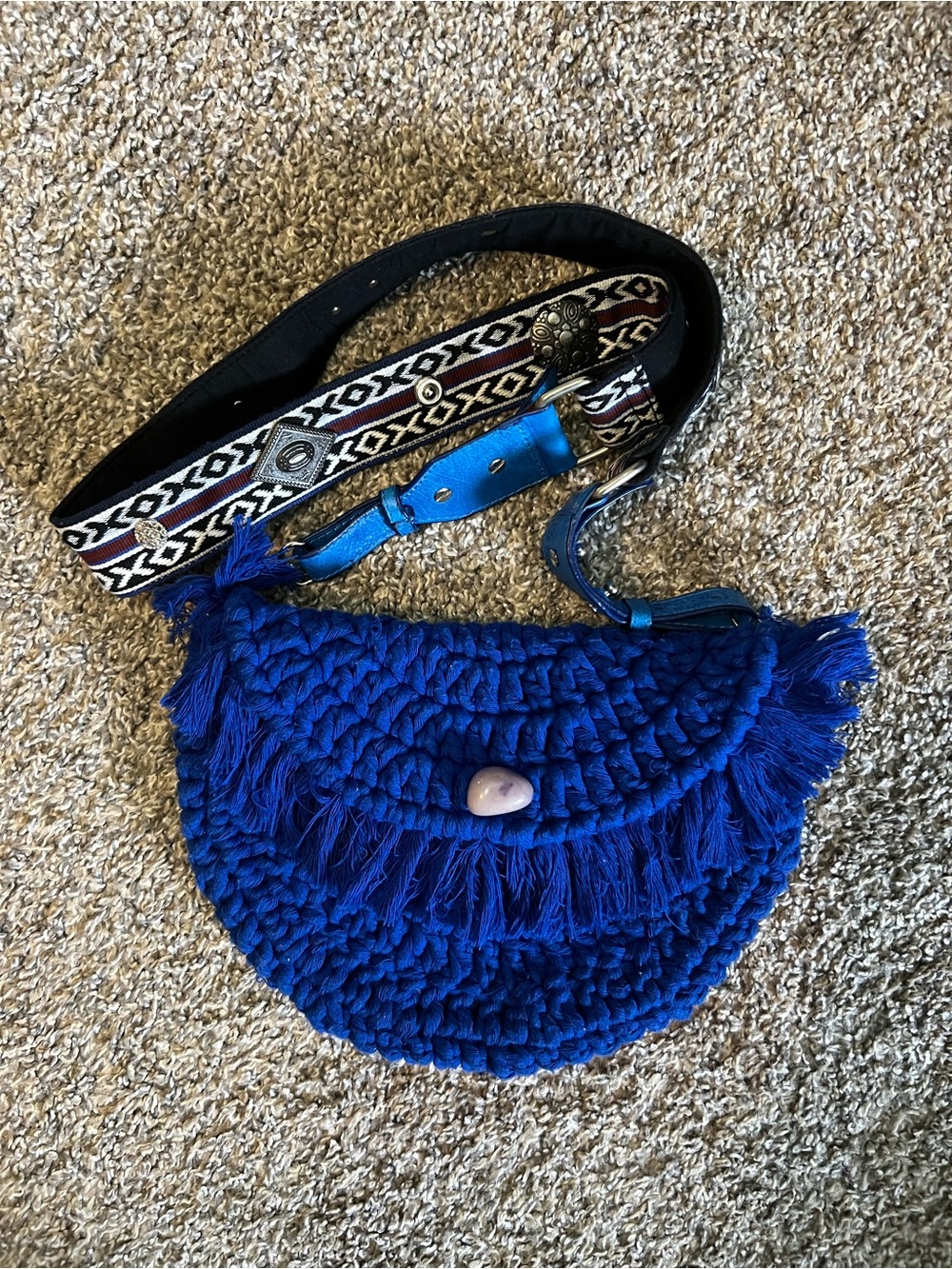 Free People Royal Blue Handwoven Fringe Crossbody with Patterned Strap